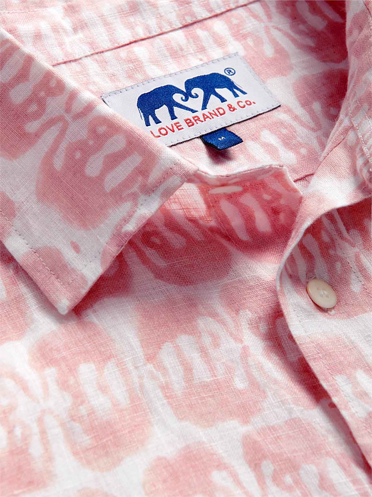 Unisex Linen Long Sleeve Shirt - Elephants of India Pink Print Close-up.