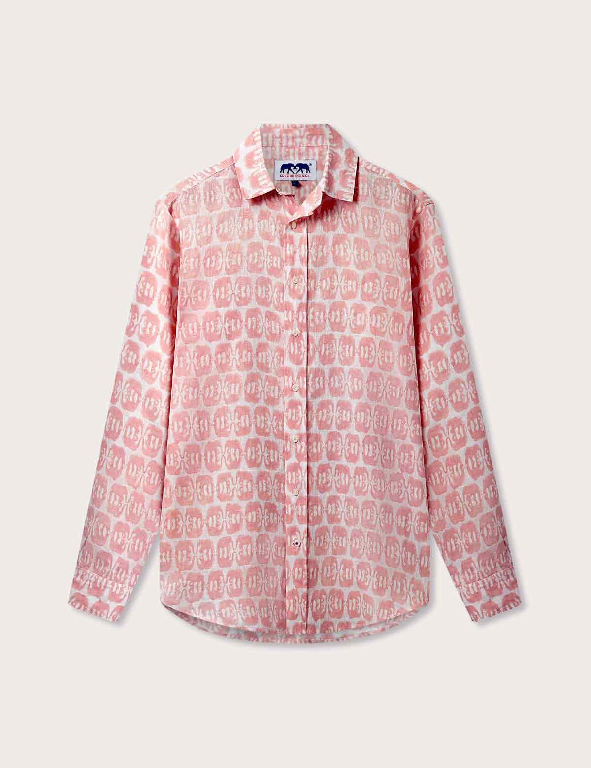 Unisex linen long sleeve shirt with 'Elephants of India' block print pattern in pink, crafted from 100% premium Belgian linen.