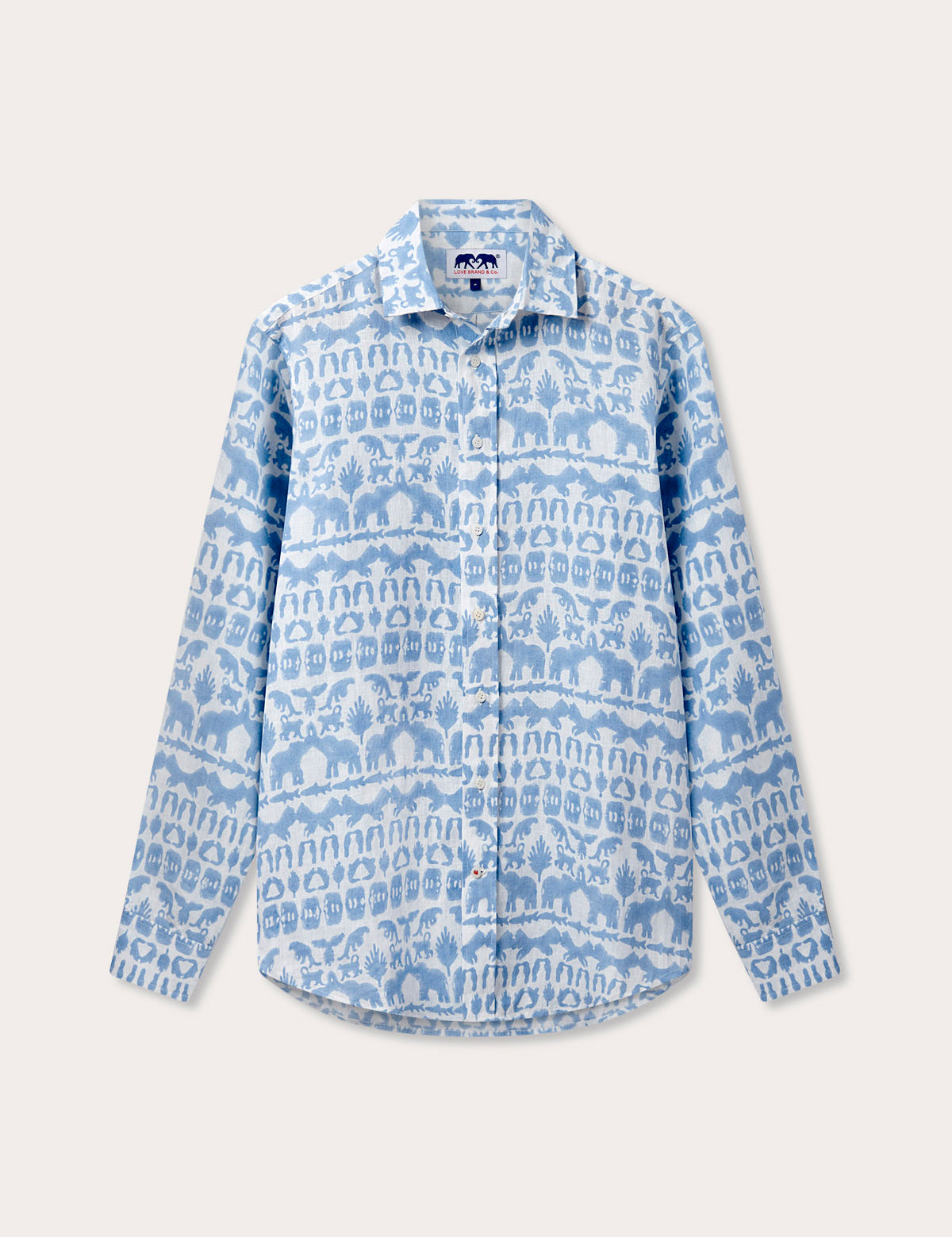 Unisex Linen Long Sleeve Shirt 'Coexist' in sky blue, featuring block prints of elephants, tigers, and hornbills, crafted from 100% premium Belgian linen.