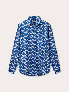 Unisex Linen Long Sleeve Shirt - Elephant Palace Blue, featuring a traditional block print of Asian elephants forming the illusion of Indian palaces, crafted from 100% premium Belgian linen.