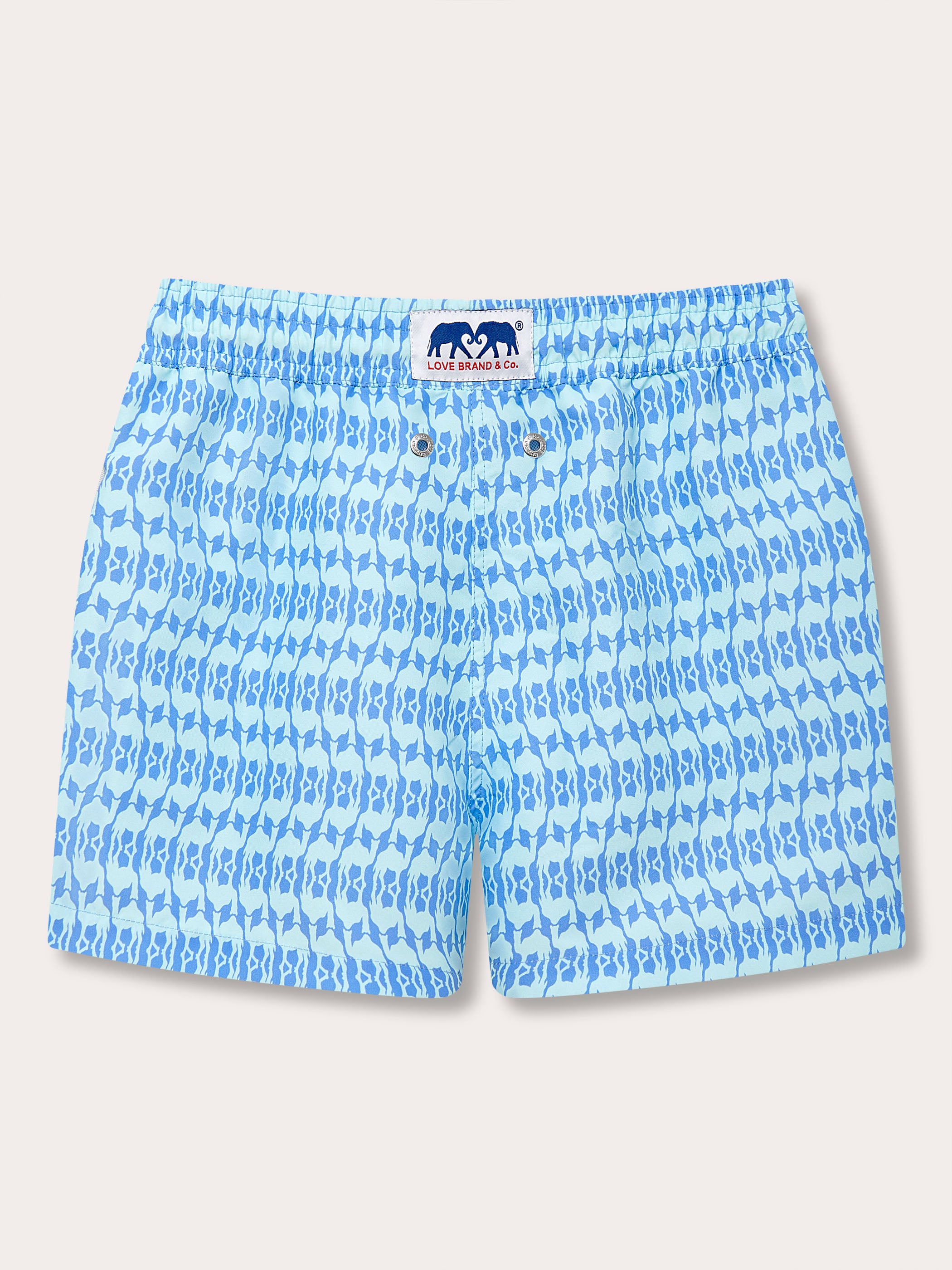 Boys Camel Mirage Sky Staniel Swim Shorts featuring a blue and light blue desert-inspired mirage print celebrating Cop28 in Dubai 2023.