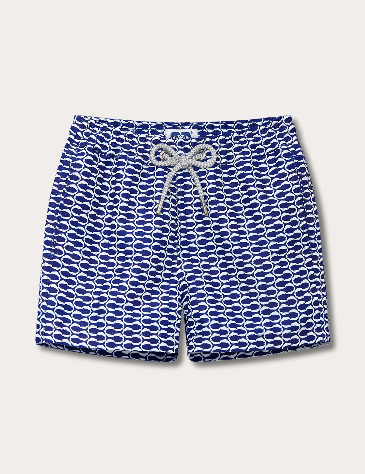 Blue and white geometric print swim shorts with a drawstring waist.