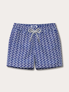 Blue and white geometric print swim shorts with a drawstring waist.