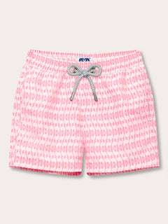 Boys Camel Mirage Pink Staniel Swim Shorts featuring a unique mirage-inspired design with pink camel patterns, reflecting UAE's environmental efforts.