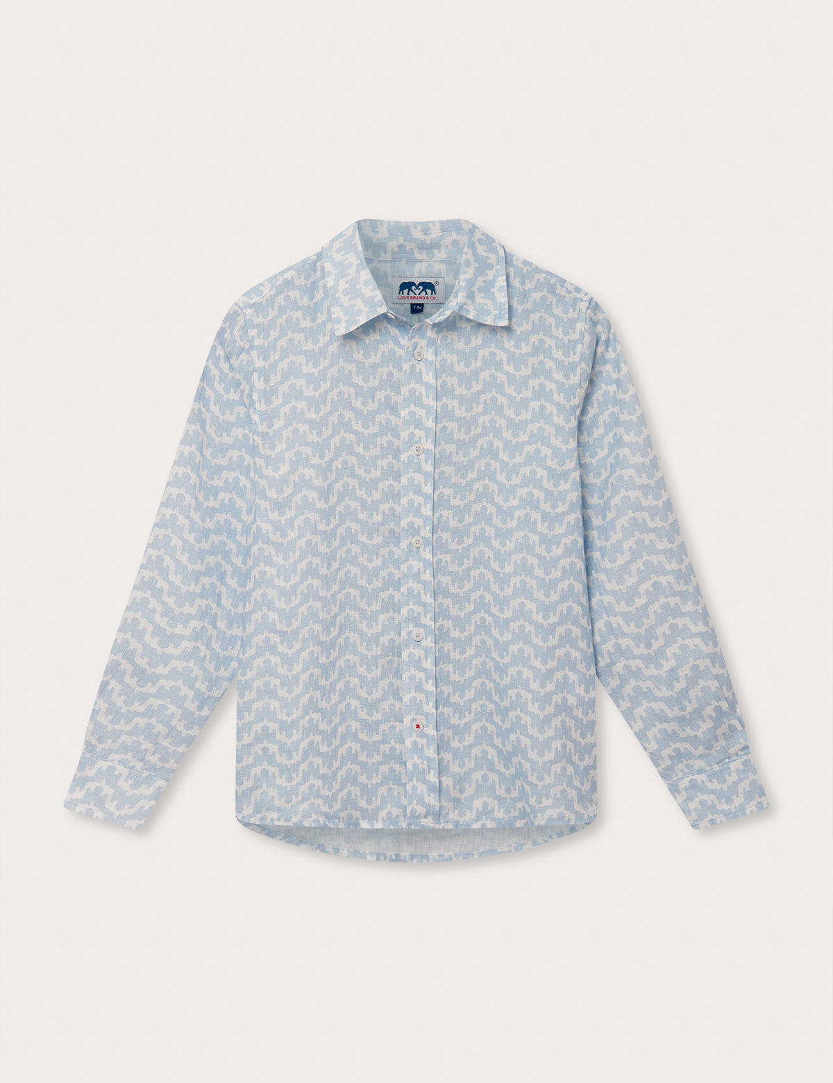 Boys long-sleeved linen shirt with a print of elephants and Indian palaces.