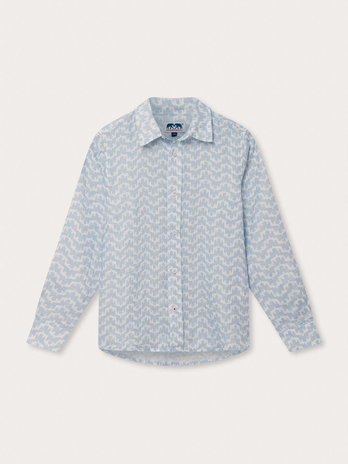 Boys long-sleeved linen shirt with a print of elephants and Indian palaces.