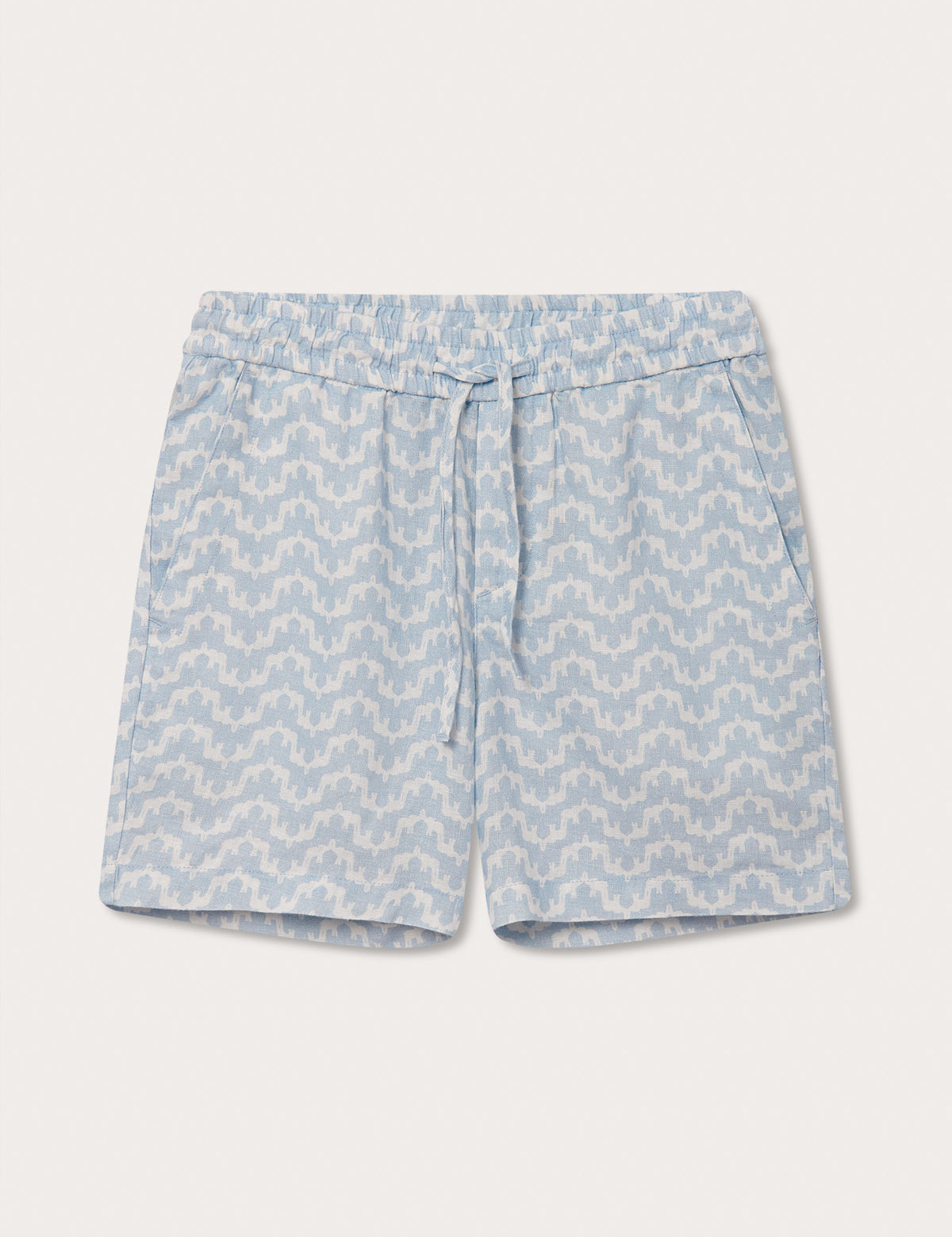 Boys Elephant Palace Sky Blue Joulter Linen Shorts with elastic waistband and drawstring detail.