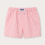 Pink swim shorts for boys with diamond geometric print of grand manta rays in watermelon and light pink; branded with Love Brand & Co.