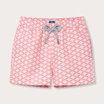 Boys' pink and white geometric print swim shorts with a bow design.