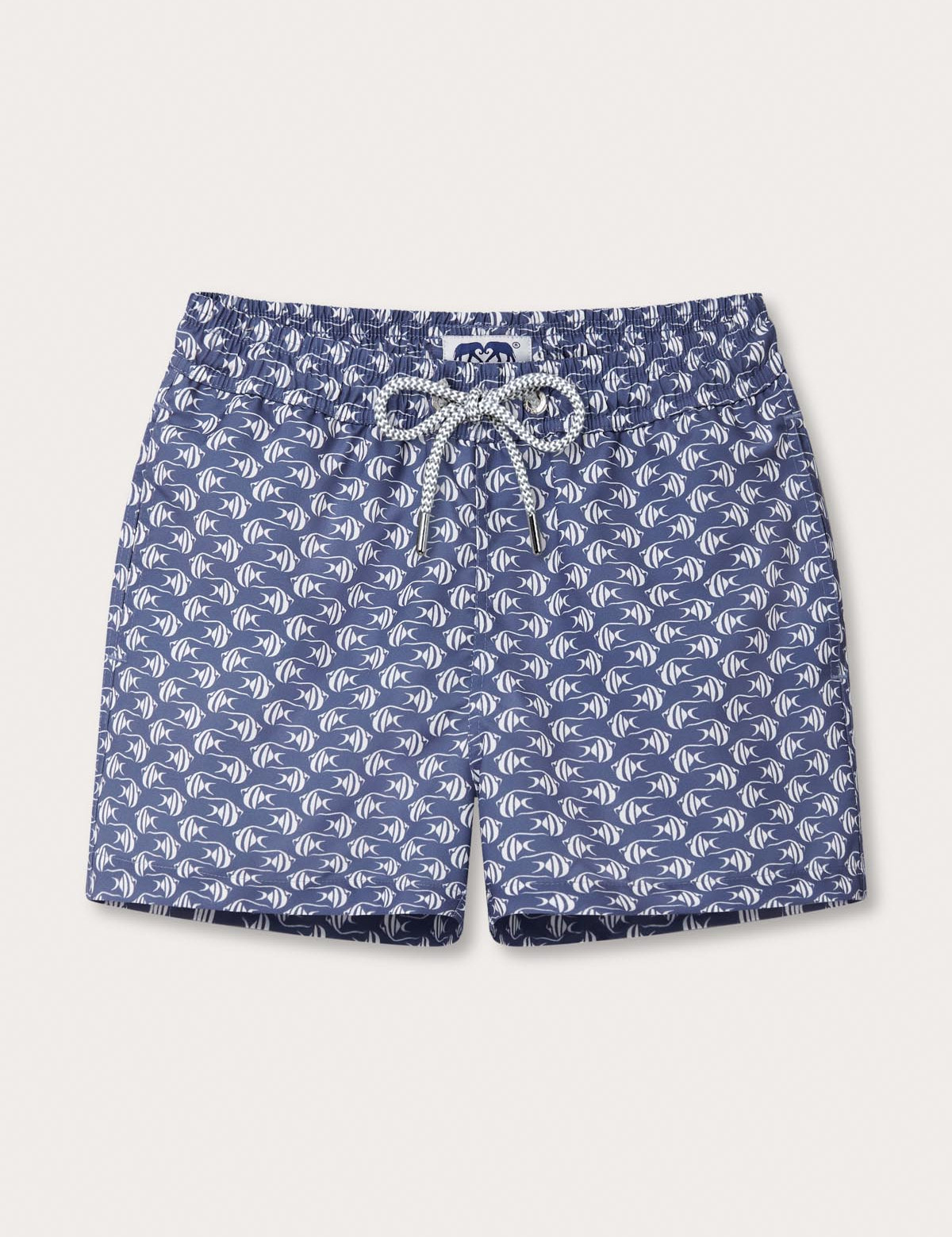 Boys Go With the Flow Staniel Swim Shorts featuring a playful print of Moorish Idol fish on a blue background. Crafted from 100% recycled fabric.