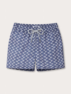 Boys Go With the Flow Staniel Swim Shorts featuring a playful print of Moorish Idol fish on a blue background. Crafted from 100% recycled fabric.