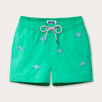 Boys Manta Migration Embroidered Staniel Swim Shorts in Sicilian green with embroidered manta ray details.