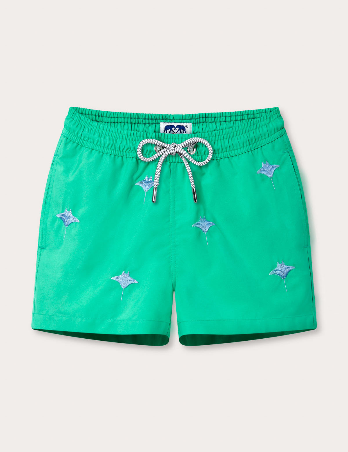 Boys Manta Migration Embroidered Staniel Swim Shorts in Sicilian green with embroidered manta ray details.