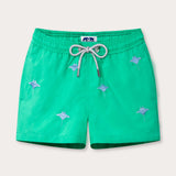 Boys Manta Migration Embroidered Staniel Swim Shorts in Sicilian green with embroidered manta ray details.