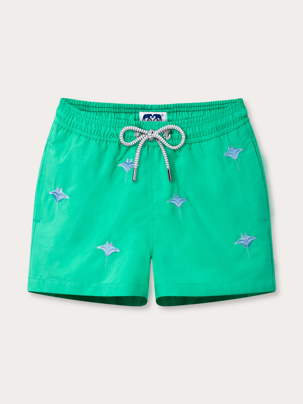 Boys Manta Migration Embroidered Staniel Swim Shorts in Sicilian green with embroidered manta ray details.