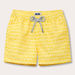 Yellow boys' swim shorts with turtle print and grey drawstring.