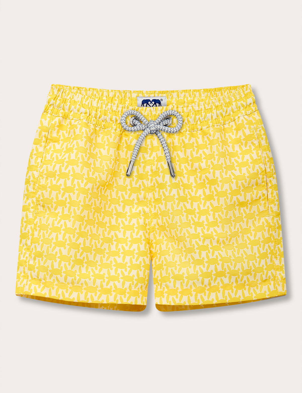 Yellow boys' swim shorts with turtle print and grey drawstring.