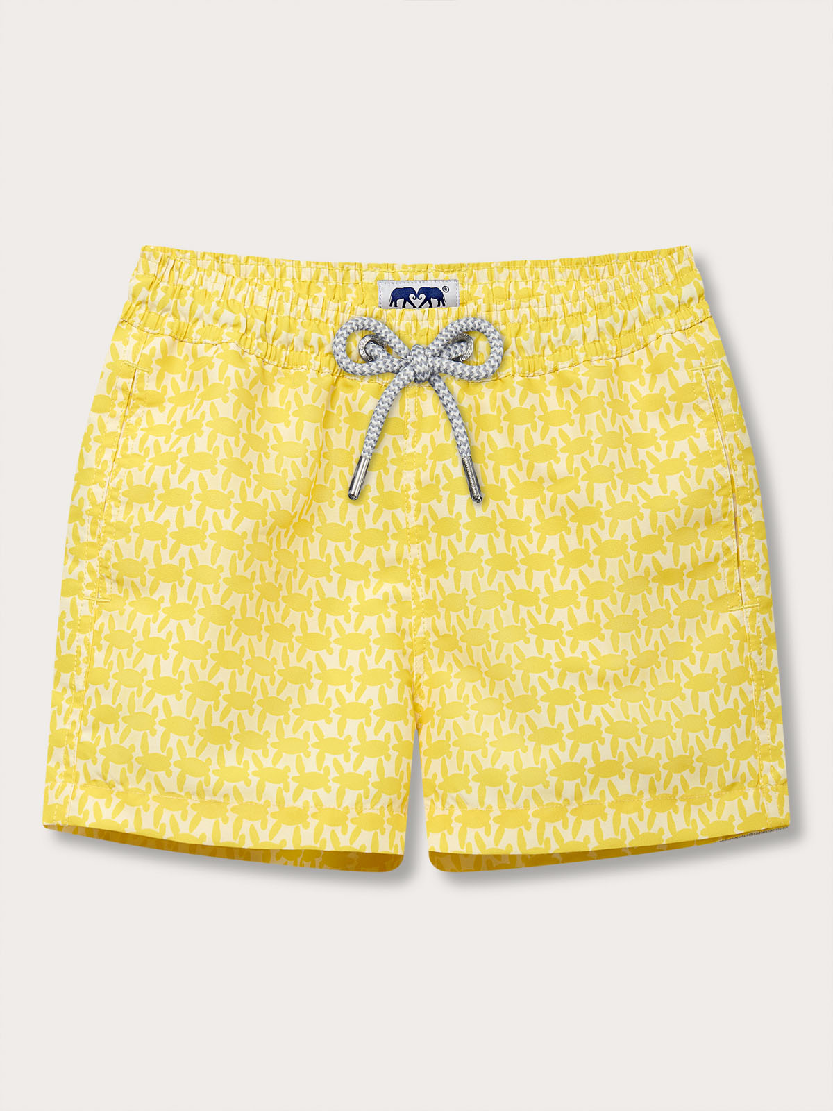 Yellow boys' swim shorts with turtle print and grey drawstring.