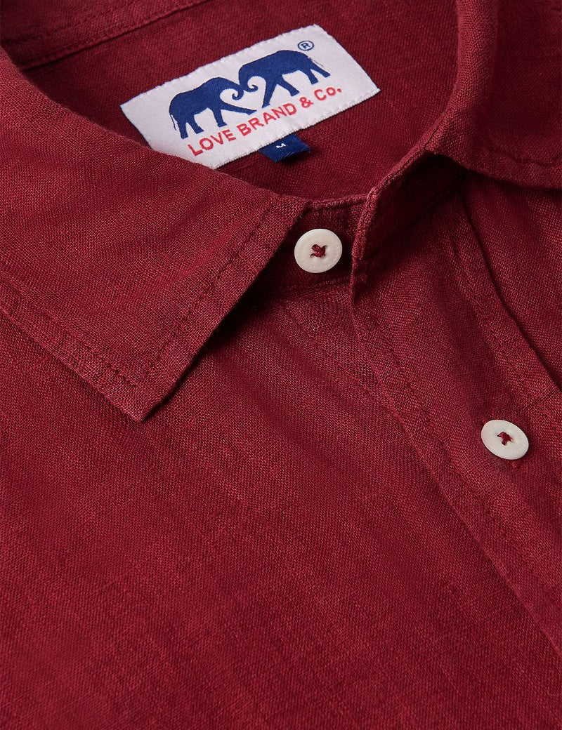 Burgundy Abaco men's Linen Shirt with Label Detail and White Buttons