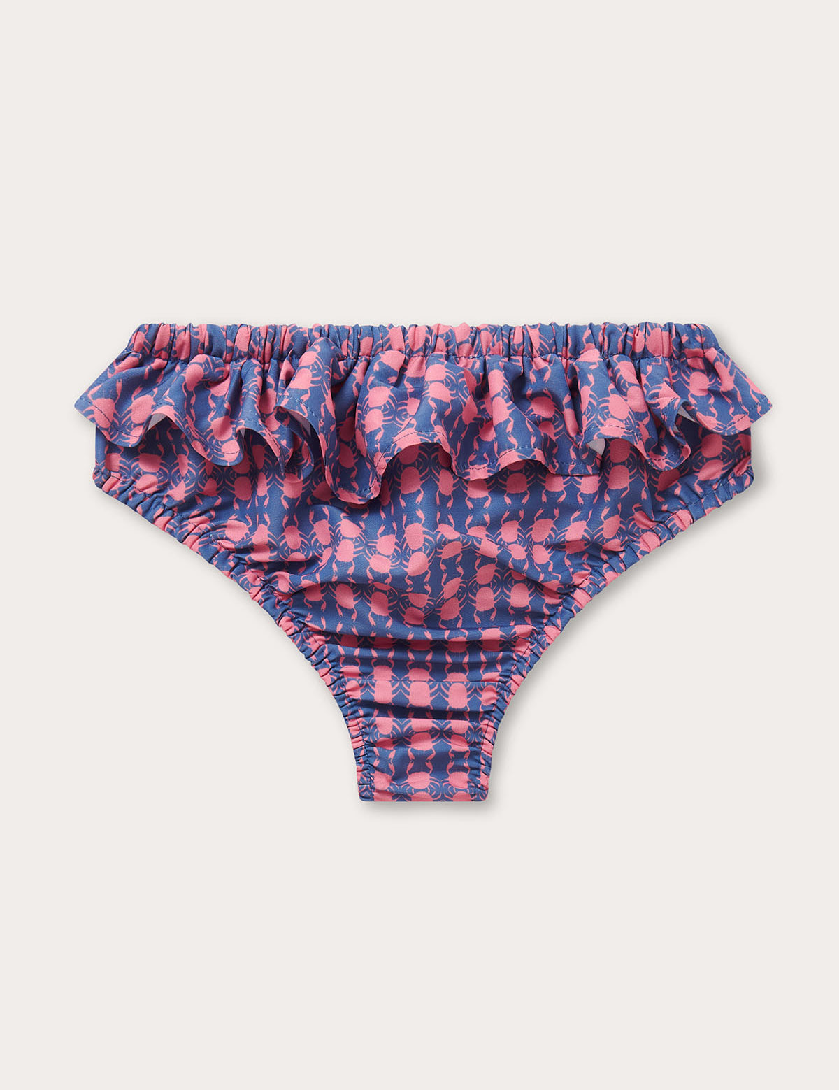 Girls Crab Pool Calabash Swimming Bottoms featuring crabs in watermelon design on a deep blue base with ruffle detail.