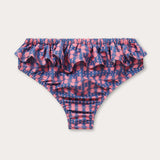 Girls Crab Pool Calabash Swimming Bottoms featuring crabs in watermelon design on a deep blue base with ruffle detail.