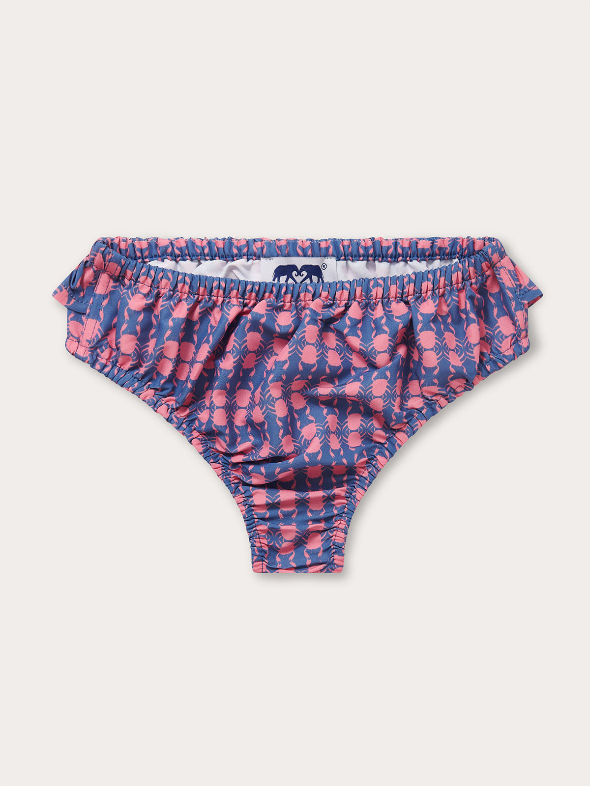 Girls Crab Pool Calabash Swimming Bottoms featuring crabs in watermelon pattern on a deep blue base.