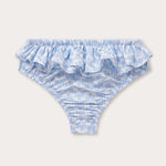 Sky blue baby bottoms with an Elephant Palace print and ruffled trim.