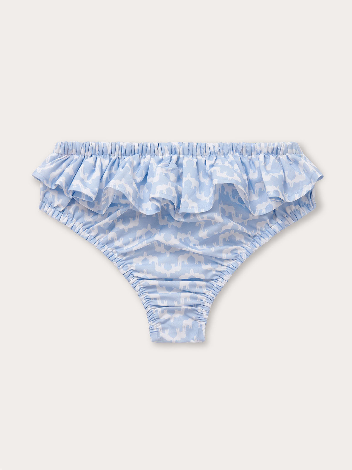 Sky blue baby bottoms with an Elephant Palace print and ruffled trim.