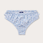 Sky blue baby bottoms with Elephant Palace print and ruffle detailing.