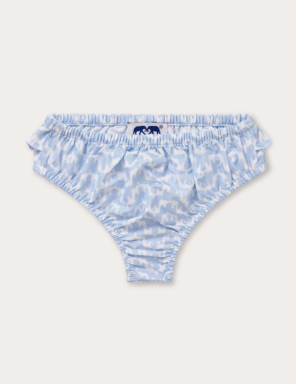 Sky blue baby bottoms with Elephant Palace print and ruffle detailing.