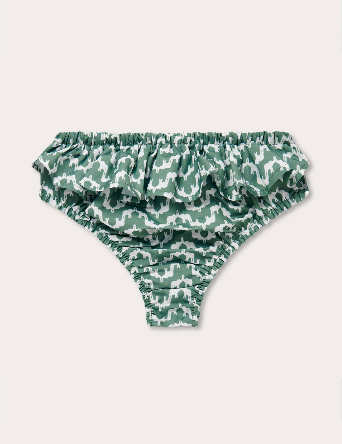 Green baby bottoms featuring a white wave pattern with elephants, made of 100% recycled quick-dry fabric.