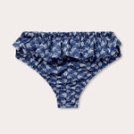 Navy blue baby bottoms with white Moorish Idol fish print and ruffled waist from the Girls Go With the Flow Calabash collection.