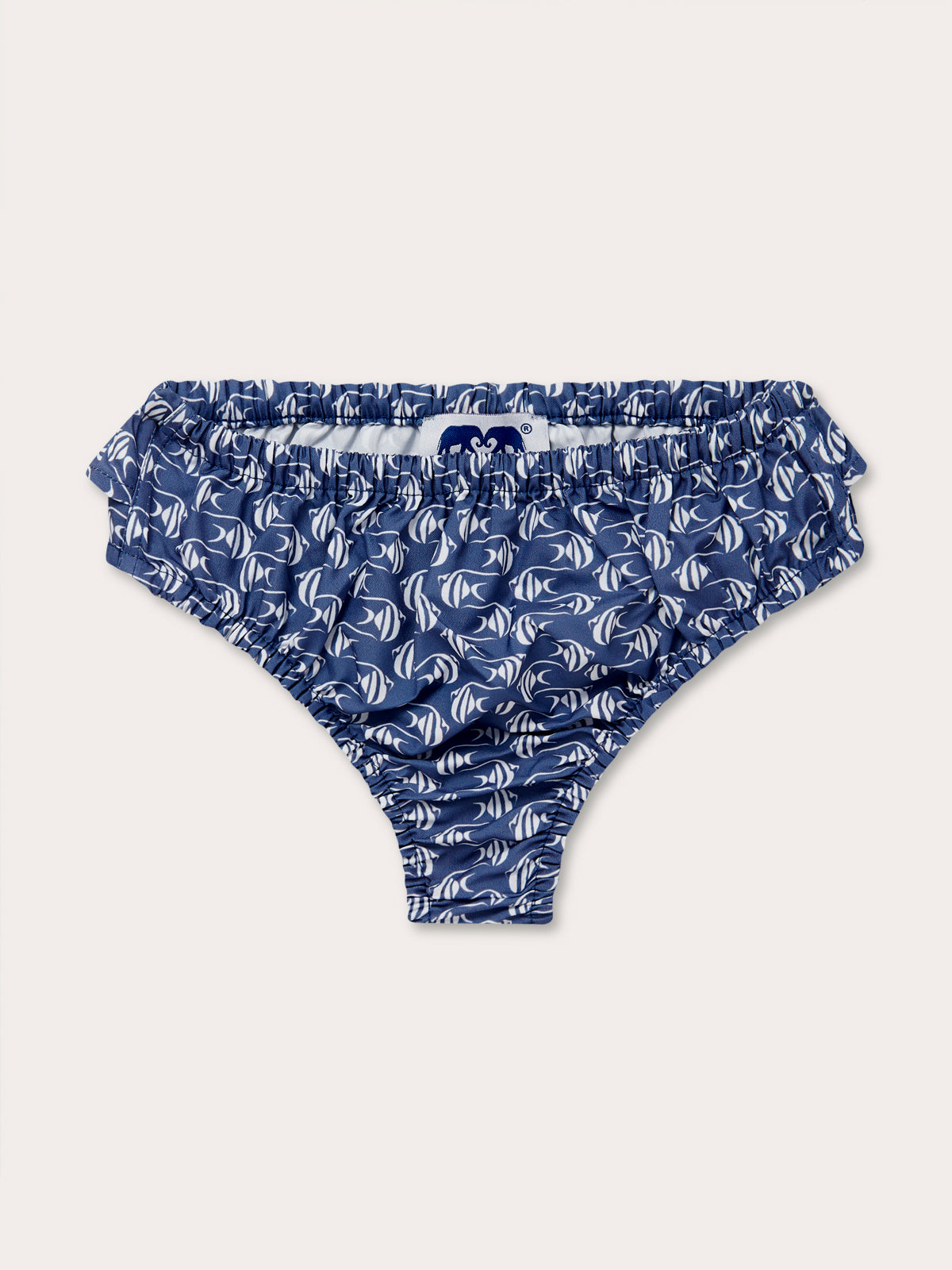 Girls Go With the Flow Calabash Baby Bottoms with Moorish Idol fish print on dark blue recycled fabric.