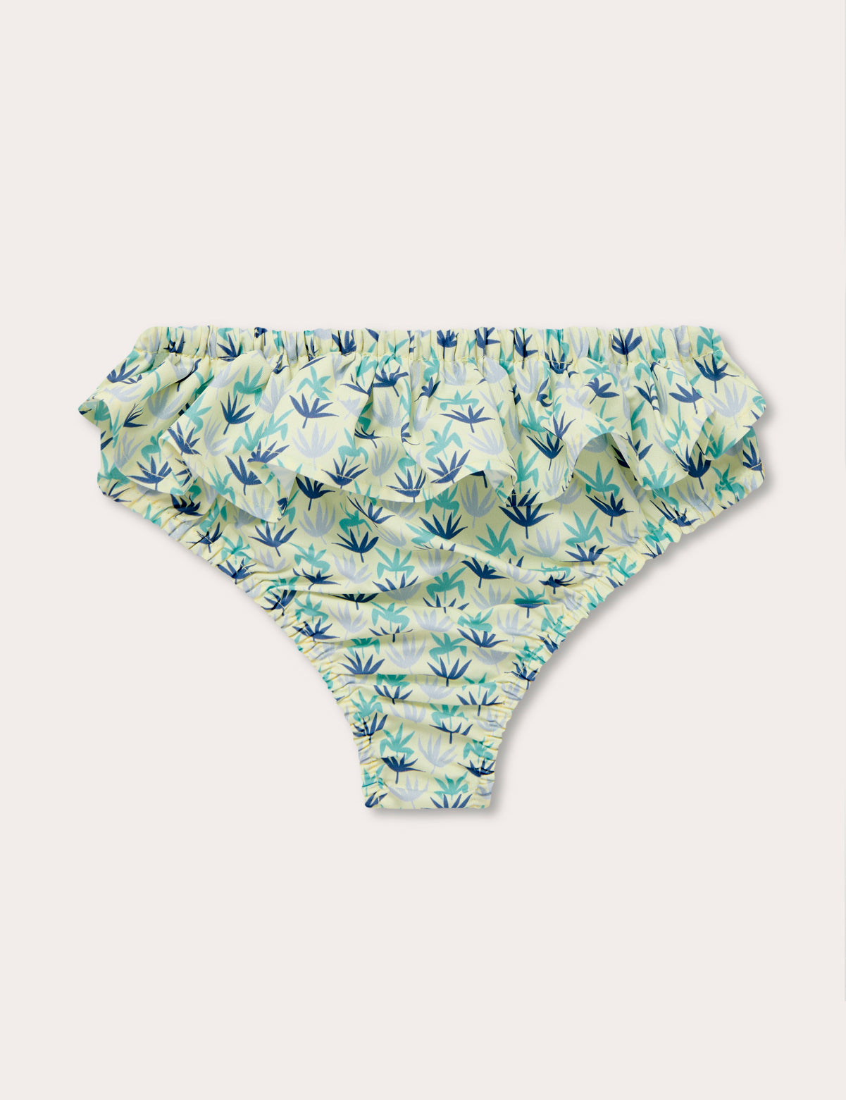 Girls Palm Sugar Calabash Baby Bottoms with vibrant tropical fan palm print on a limoncello yellow background.