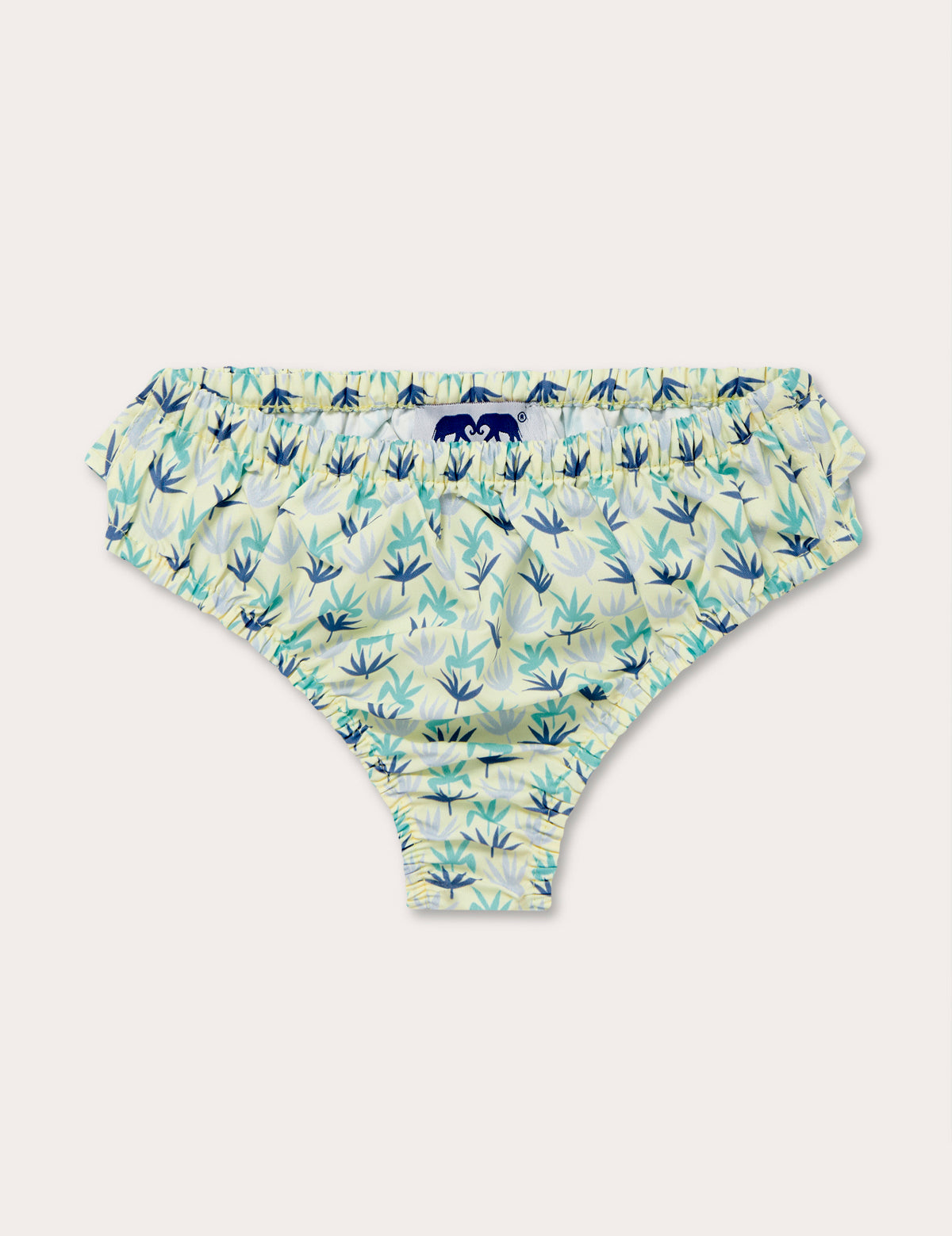 Girls Palm Sugar Calabash Baby Bottoms with tropical fan palm print on limoncello yellow background, featuring sky blue, aqua green, and deep blue accents.