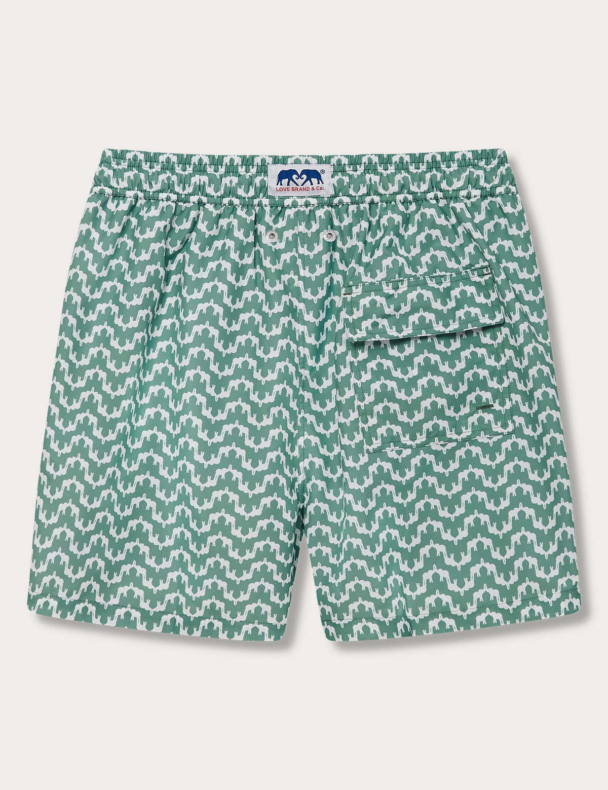 Men's Elephant Palace Green Staniel Swim Shorts featuring a pattern of majestic elephants and Indian palaces on a green background.