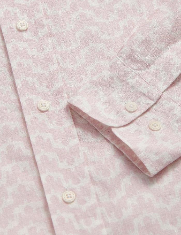 Elephant Palace Pink Abaco mens Linen Shirt close-up. Old money shirts showcasing lightweight linen fabric and button details.