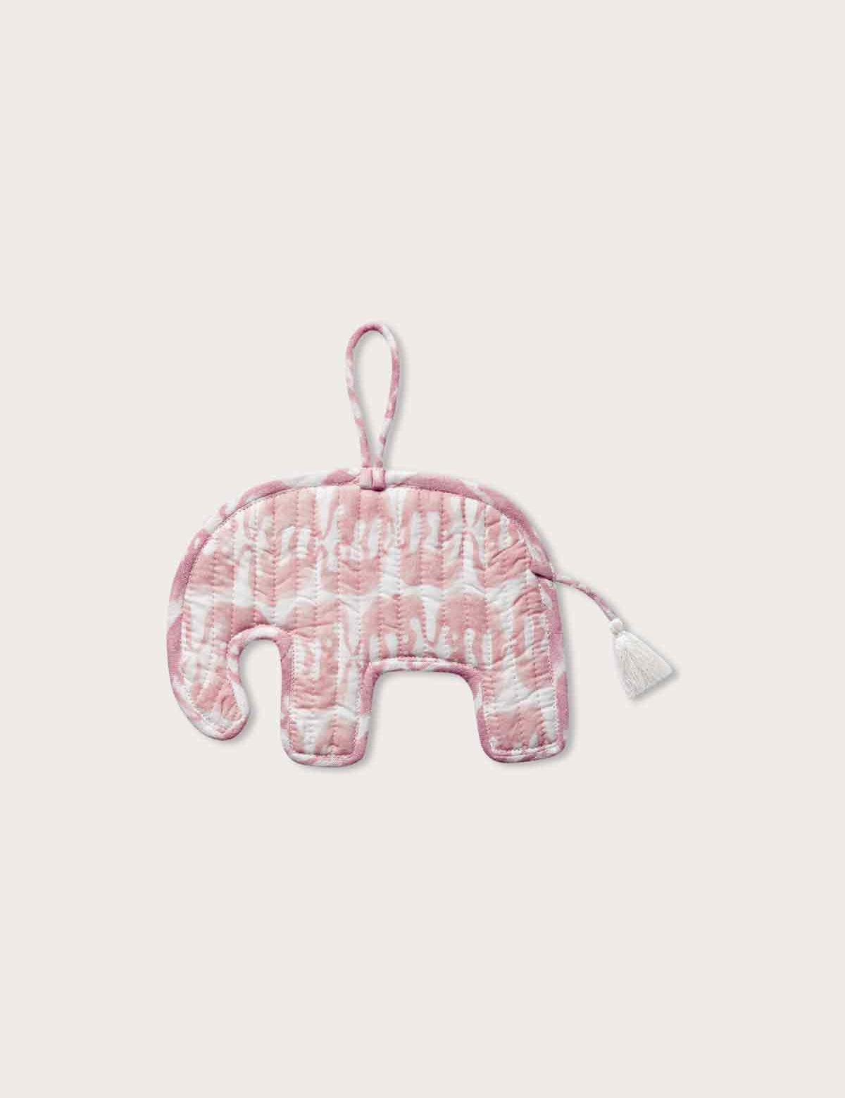 Block-printed cotton elephant hanging charm in pink and white pattern from the "Elephants of India" decoration set.