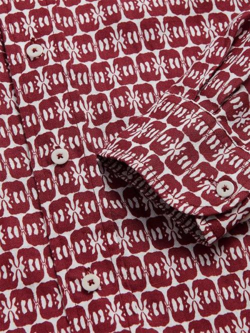 Men's Elephants of India Abaco Linen Shirt in white with dark burgundy elephant pattern, featuring buttons and long sleeves. Old money shirts made from 100% linen.