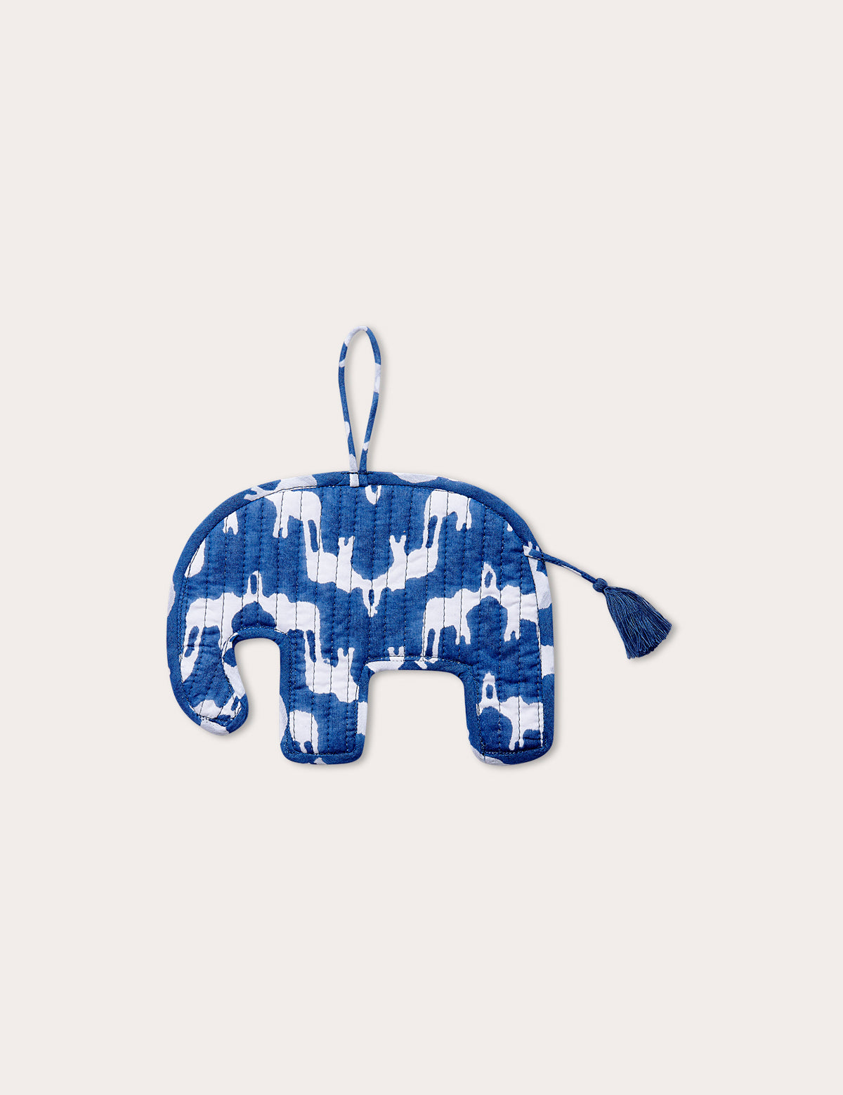 Elephant-shaped hanging charm made from high-quality block-printed cotton in blue and white, part of the "Elephant Decoration Set - Elephant Palace".