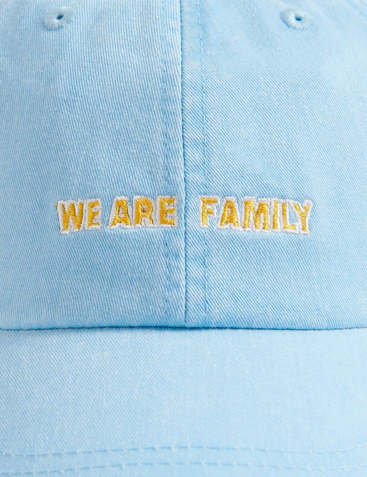 Sky blue cotton peak cap with 'We Are Family' embroidery on the front.