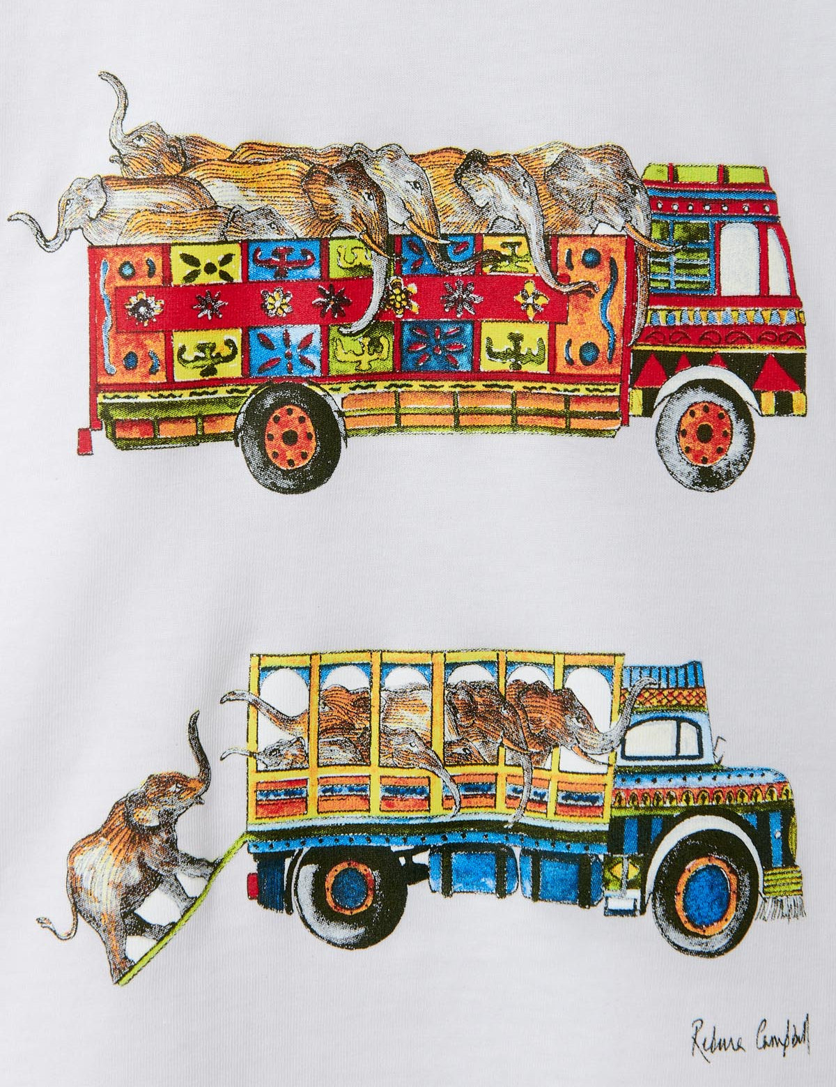 Illustration of colorful trucks carrying elephants on a white kids' cotton t-shirt, featuring exclusive artwork by Rebecca Campbell.