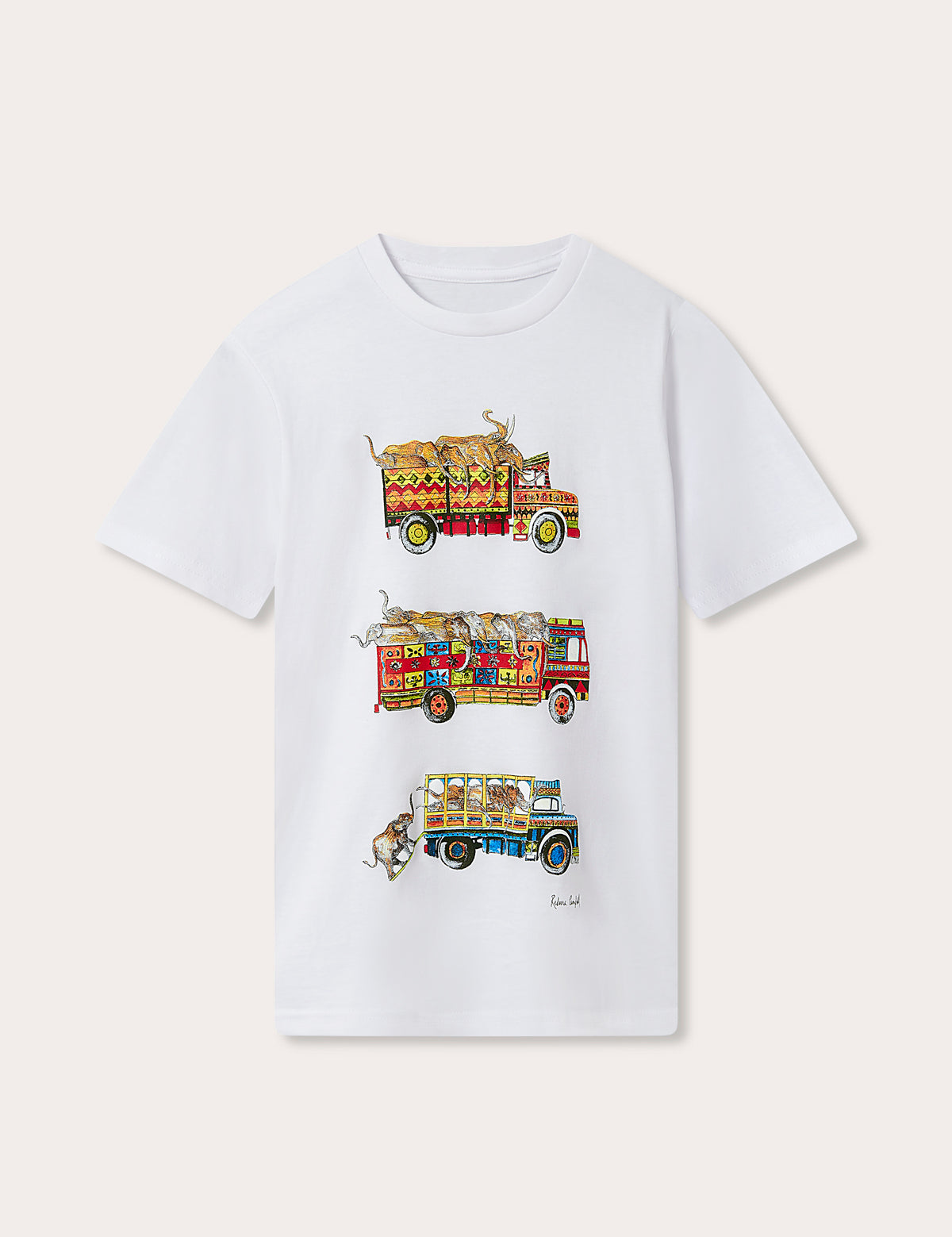 Kids White Cotton T-Shirt featuring exclusive colorful artwork by Rebecca Campbell, depicting elephants and vibrant trucks, made from 100% high-quality cotton for a soft, breathable, and comfortable fit.