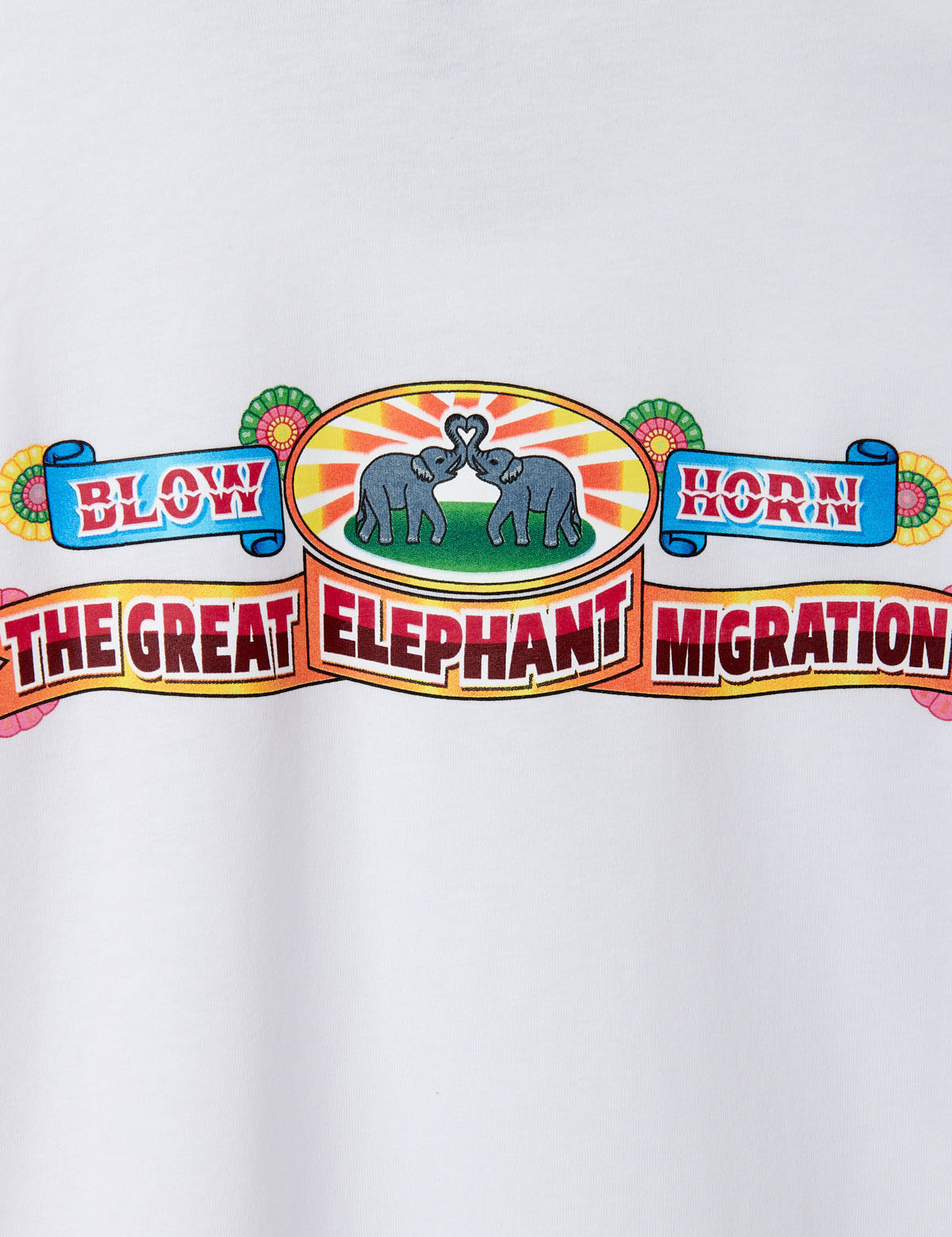 White cotton T-shirt featuring vibrant G.E.M. logo with colorful design and text "Blow Horn - The Great Elephant Migration" on the front chest.