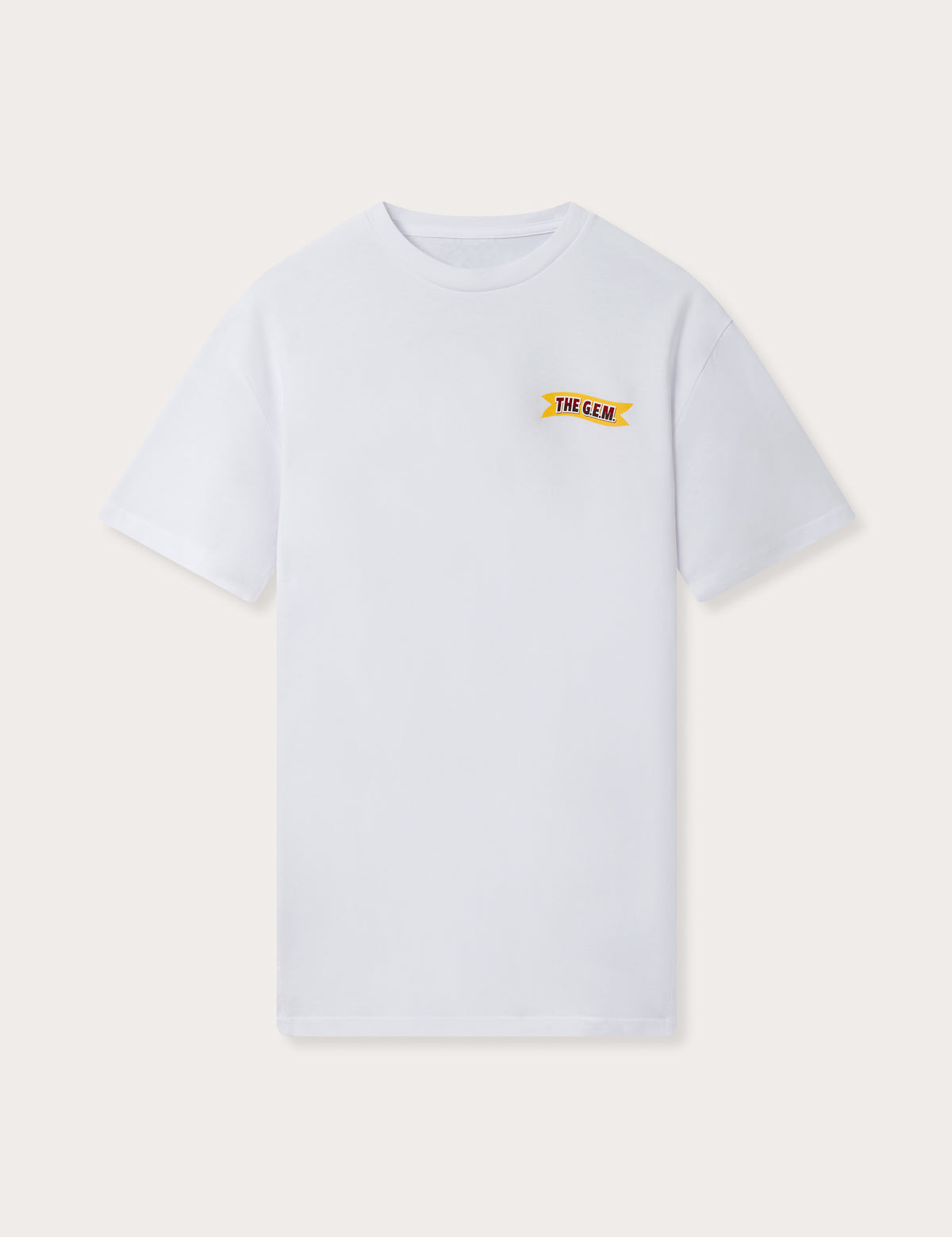 White cotton T-shirt featuring the official G.E.M. ribbon logo on the front chest.