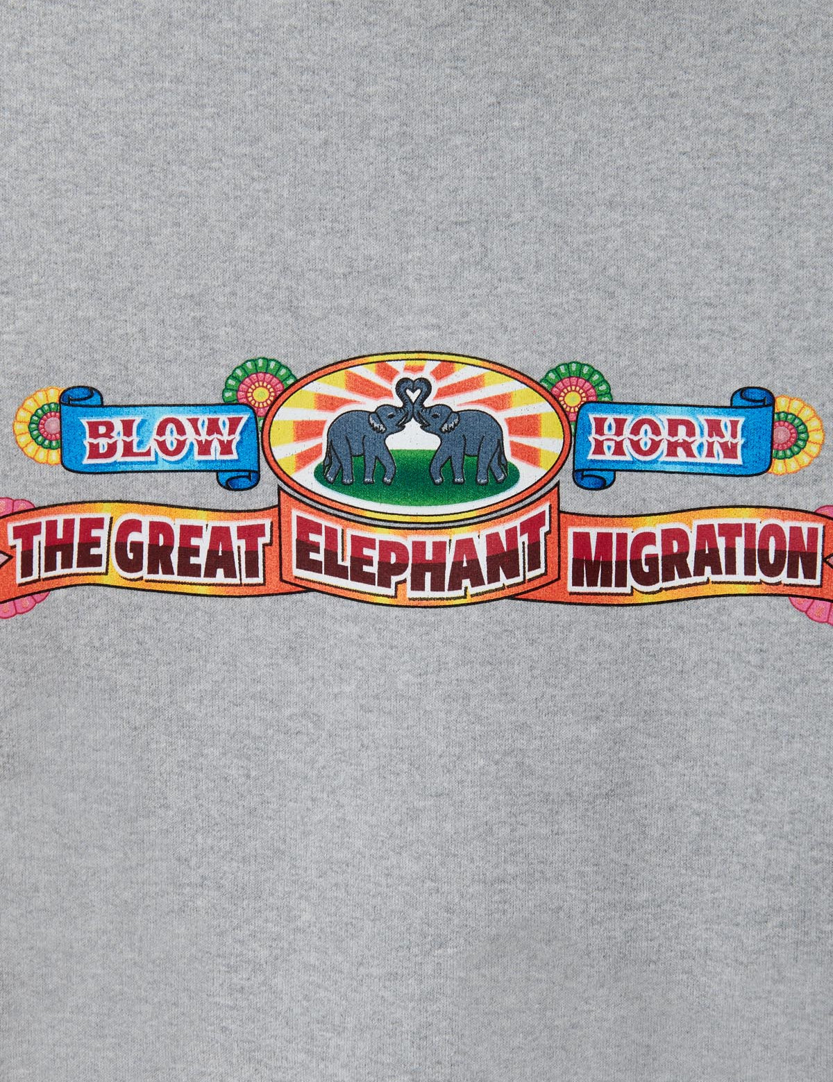 Heather Grey Adult Unisex Eco Hoodie featuring "The Great Elephant Migration" design with vibrant colors on the back.