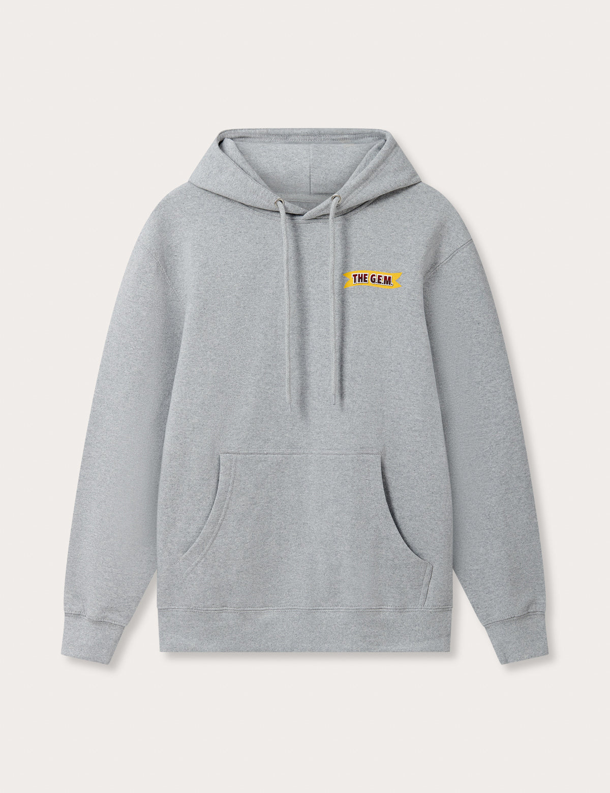 Heather Grey Adult Unisex Eco Hoodie by The G.E.M. with front pocket, drawstring hood, modest G.E.M ribbon on left chest, and logo on back shoulders.