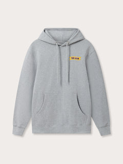 Heather Grey Adult Unisex Eco Hoodie by The G.E.M. with front pocket, drawstring hood, modest G.E.M ribbon on left chest, and logo on back shoulders.