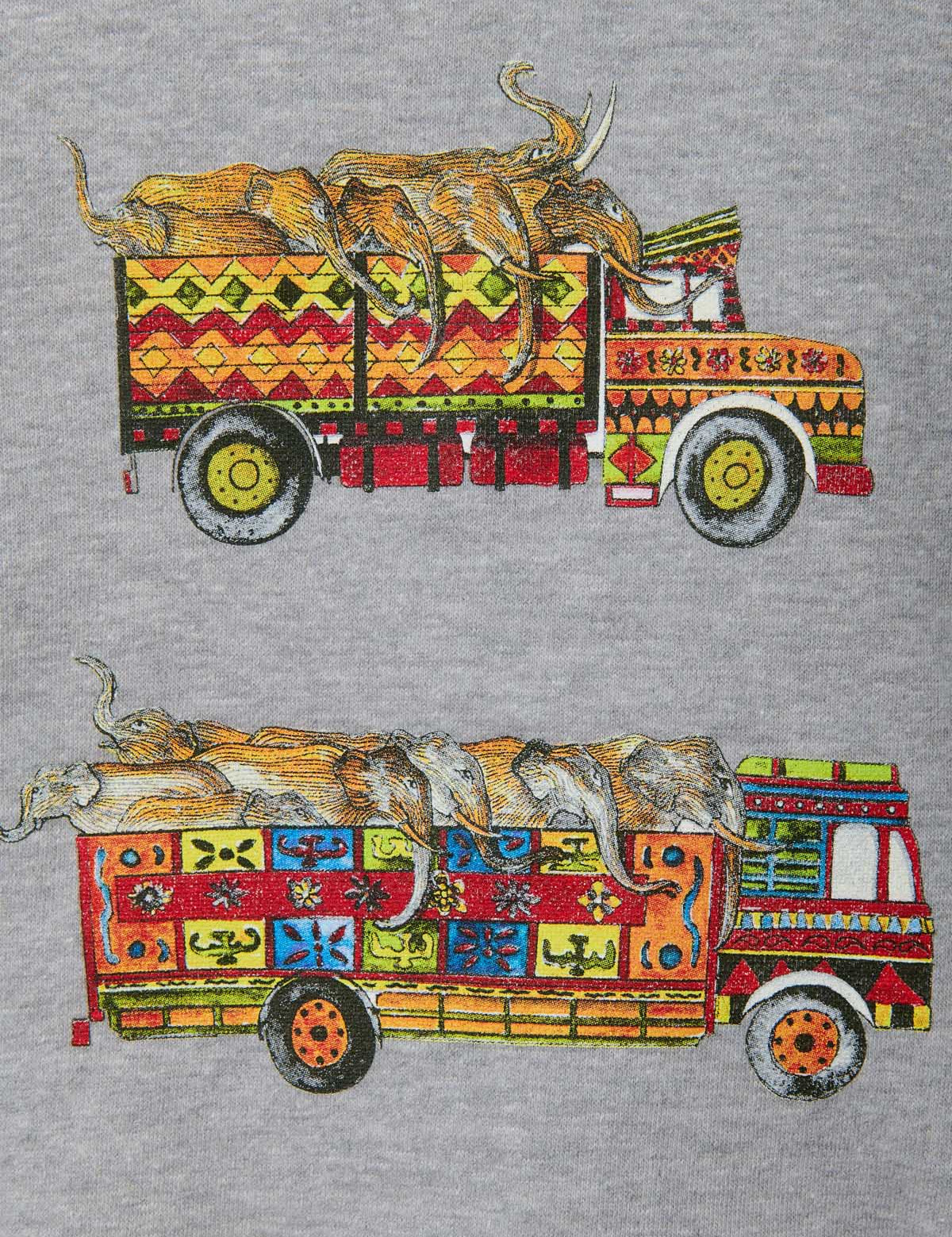 Kids Heather Grey Hoodie "All Herded Up and Ready To Go" with exclusive artwork by Elephant Family ambassador Rebecca Campbell, featuring colorful trucks and animals, made of 55% recycled cotton and 45% recycled polyester.