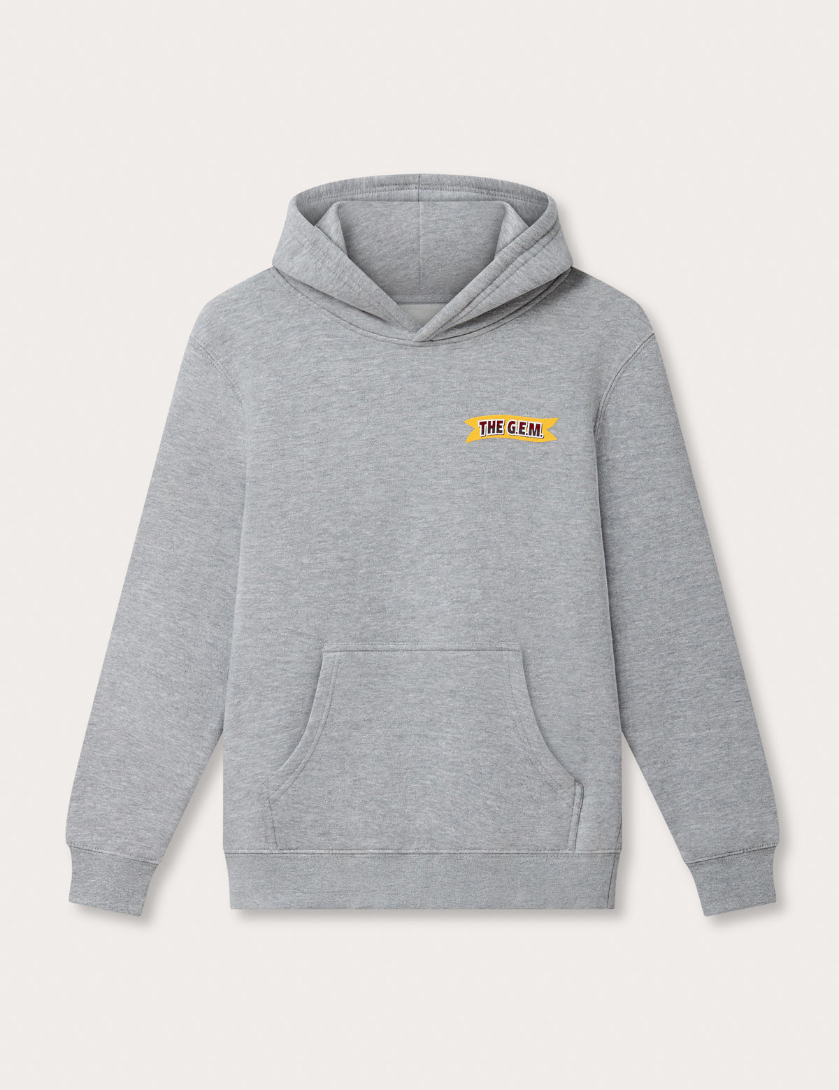 Kids Heather Grey Eco Hoodie with "The G.E.M." logo, crafted from 55% recycled cotton and 45% recycled polyester.